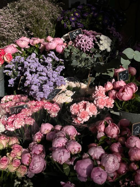A display of fresh floral arrangements including pink peonies, purple statice, white and purple asters, and various greenery. The flowers are arranged in glass containers and placed on a dark surface